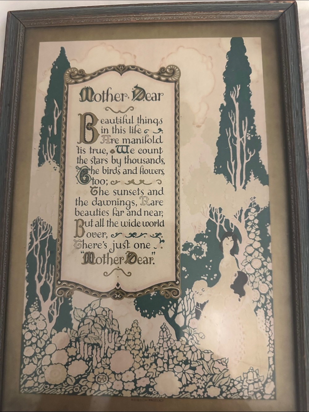 Framed 'Mother Dear' Wall Art in Teal/ cream 1925 Vintage Style